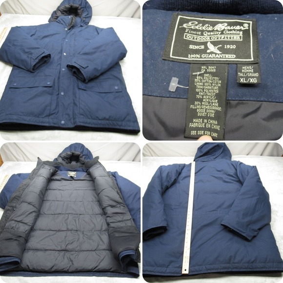 Eddie Bauer Down Jacket Mens XL‎ Tall Blue Hooded Insulated Wool Blend Full Zip